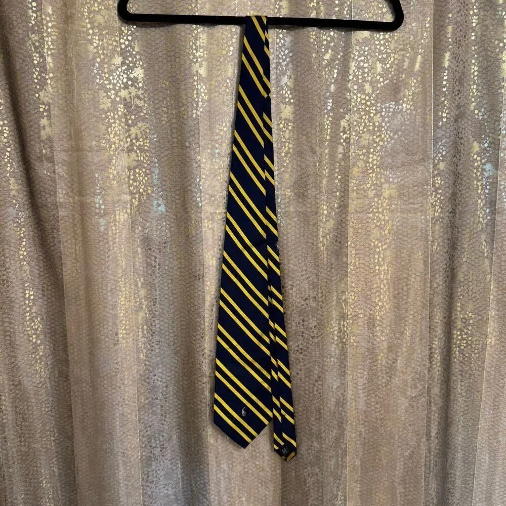 Polo Ralph Lauren Navy Blue Yellow Made in USA Silk Vintage Men's Tie